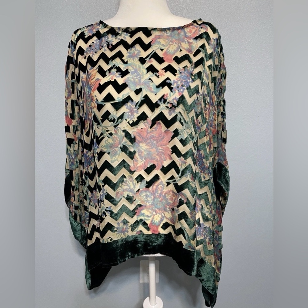 Boho Green Chevron Poncho Top Velvet Burnout Western Lagenlook Cowgirl Medium